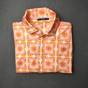 Shore Polo Shirt Mens Small Orange Pink Retro Floral Pattern Golf Tennis Work